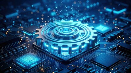 Fototapeta premium Glowing blue digital gear on a circuit board representing AI and automation.