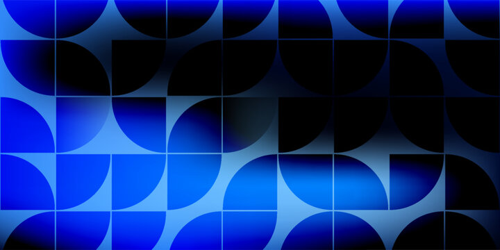 Vibrant Geometric Abstract Pattern Vector Background - Cooled Spot Diffused Glow on a Grid of Blue Gradient and Black Quarter Circle Tesserae Design.