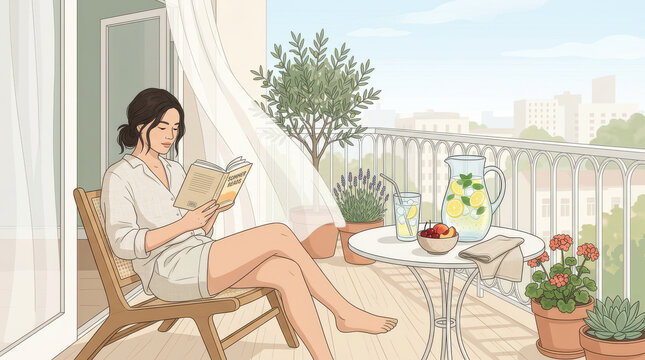 Woman reading a book on a sunny balcony with lemonade and potted plants
