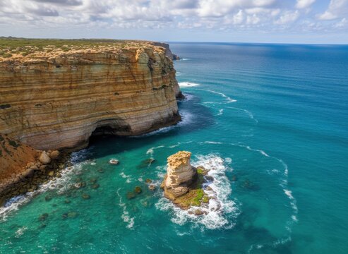 Aerial view of limestone cliffs and a sea stack in turquoise ocean water