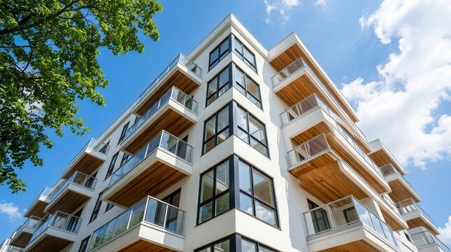 Contemporary residential architecture featuring a modern white apartment building with glass balconies.