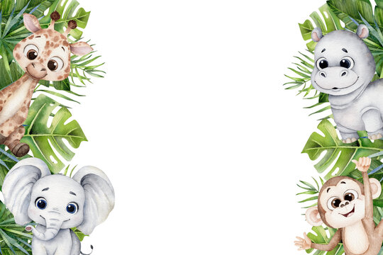 Watercolor jungle animal frame with cute giraffe, elephant, hippo and monkey surrounded by tropical leaves, hand painted border with empty space for kids design, invitations, nursery decor