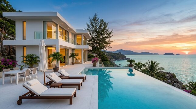 Modern white luxury villa with an infinity pool overlooking the ocean view.