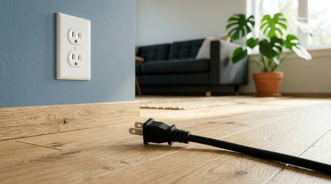 An unplugged black electrical power cord lies on a wooden floor next to a wall socket.