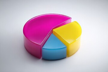 Obraz premium Colourful pie chart with three segments in pink, blue and yellow showing business data analysis and statistics on a white background, pie chart isolated on white, 3d pie chart, colorful pie chart