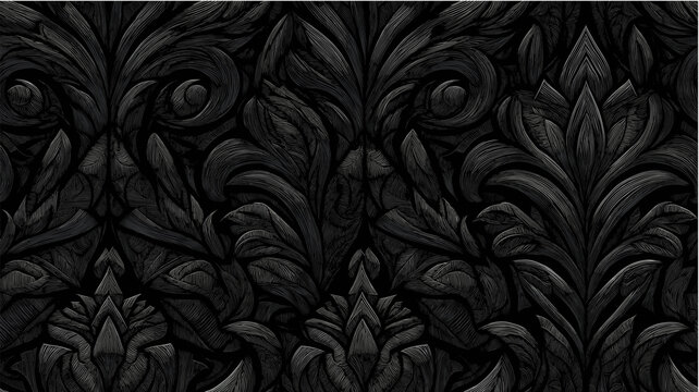 Black matte intricate engraving seamless texture pattern. Black matte seamless pattern presenting intricate engraving lines creating an ornate symmetrical design