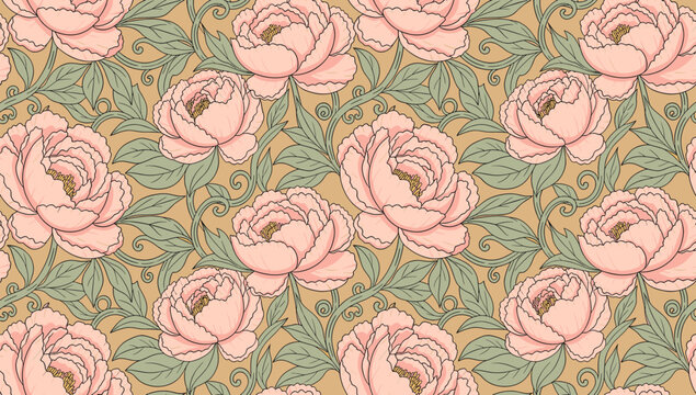 A delicate floral pattern featuring pink peonies and green foliage creates a soothing and elegant aesthetic, ideal for backgrounds, stationery, or spr