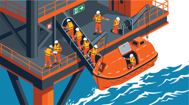 Offshore Oil Rig Evacuation Drill with Diverse Workers in Safety Gear and Lifeboat Launch Procedure Illustration
