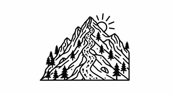 Stylized mountain range with sun, trees, and a winding path