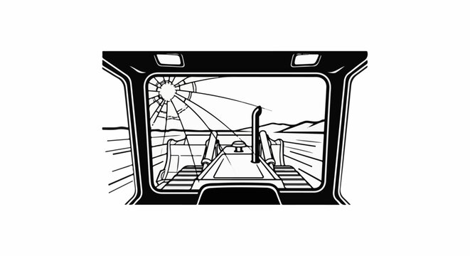 View through broken windshield of heavy machinery in arid landscape