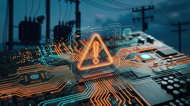 Digital interface showing a cyber-attack attempt on an electrical grid with a flashing warning alert symbol.