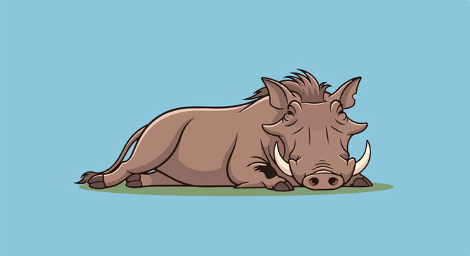 Cartoon warthog rests peacefully on grassy patch against a blue background