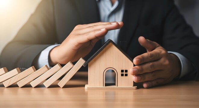 Protecting your future home a hand shielding a wooden house model with falling dominoes