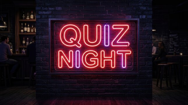 Glowing red neon sign saying QUIZ NIGHT on a brick wall background.