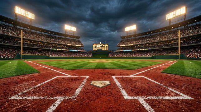 Low angle view of a baseball field at dusk with a dramatic cloudy sky.