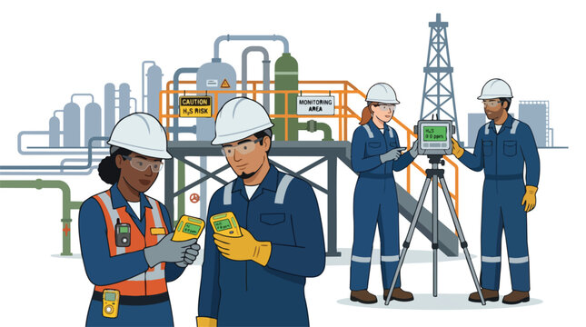 Diverse Industrial Workers Monitoring Oil and Gas Facility Safety with Gas Detection Equipment