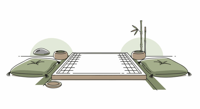 A peaceful, minimalist scene featuring a Go board with cushions and bamboo