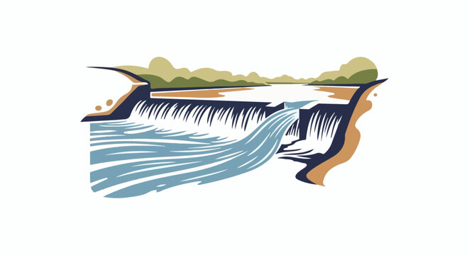 Stylized illustration of a dam with water cascading and a river flowing
