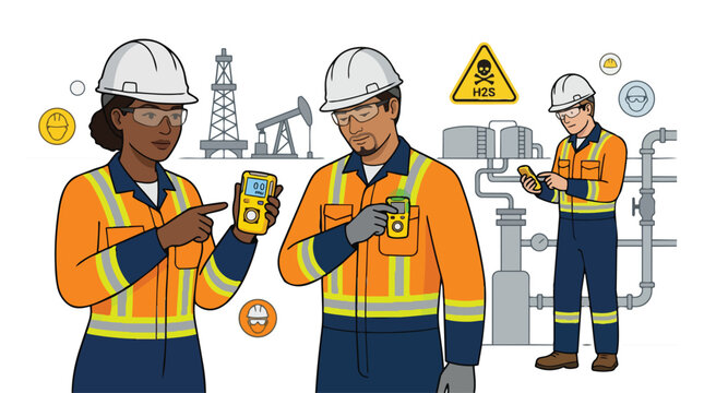 Oil Industry Workers Safety Inspection Vector Illustration Diverse Team Monitoring Gas Levels at Refinery