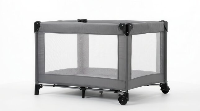 Modern gray portable crib with mesh sides and wheels for infants.