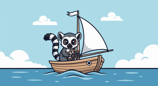 Cute lemur steers wooden sailboat across blue ocean under fluffy clouds