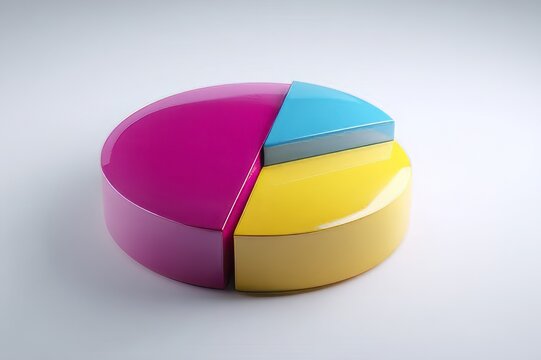 Colourful pie chart with three segments in pink, blue and yellow showing business data analysis and statistics on a white background, pie chart isolated on white, 3d pie chart, colorful pie chart