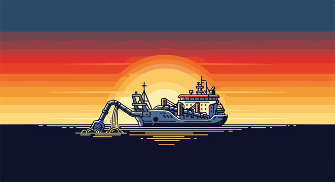 Pixel art dredge boat working at sunset over calm ocean water