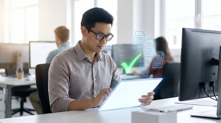 Fototapeta premium A young Asian man using a tablet at his desk in a modern office environment with coworkers in the background.
