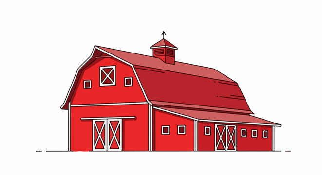 A simple, red barn with a cupola and white trim stands on a flat plain