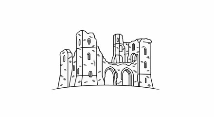 Obraz premium Outline drawing of ruined medieval castle walls with arched doorways and windows
