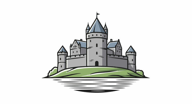 A grey castle with blue-capped turrets sits atop a green hill with water ripples