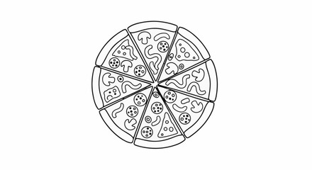A stylized, black and white illustration of a whole pizza, sliced into eight pieces