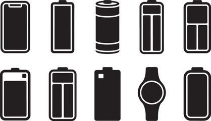 Obraz premium Battery and device silhouette icon set showing charging levels, smartphone power indicators and energy symbols collection for technology, UI and app design