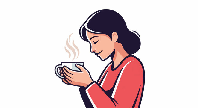 A woman enjoys a warm cup of steaming beverage, eyes closed in contentment