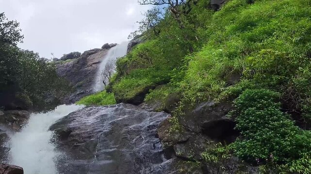 Laxmi Waterfall at Madhe Ghat cascades down majestic cliffs, wrapped in mist and lush greenery, showcasing the raw beauty of the Sahyadri during monsoon season.