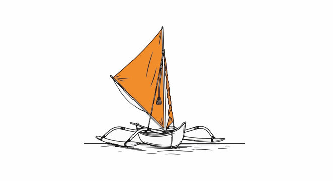 Outrigger canoe with orange sail floats on serene water
