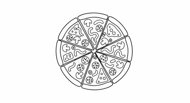 A stylized, black and white illustration of a whole pizza, sliced into eight pieces