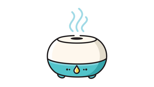 Modern Flat Vector Icon Illustration of a Round Ceramic Oil Diffuser and Humidifier with Mist and Droplet Detail, Featuring Editable Stroke for Customizable Line Weight on White Background.
