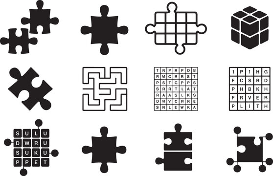 Puzzle silhouette collection with jigsaw pieces, maze and word search icons set for brain games, education, logic challenges and problem solving design elements