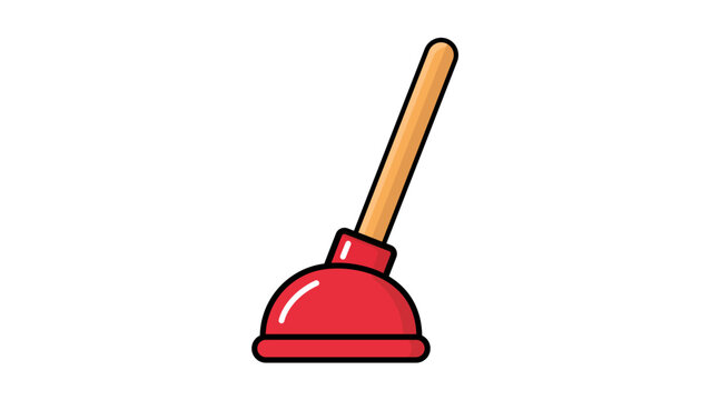 Modern Flat Vector Icon of a Red Rubber Cup Plunger with a Wooden Handle on a White Background, Featuring an Editable Stroke for Customizable Line Weight, Ideal for Plumbing and Cleaning Design.