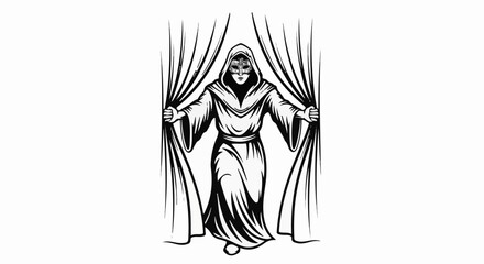 Obraz premium Ethereal figure in hooded robe and mask parts dark curtains
