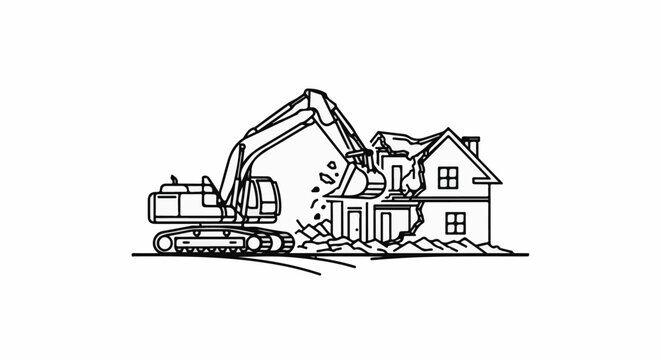 Excavator demolishes a house, with debris falling from the structure