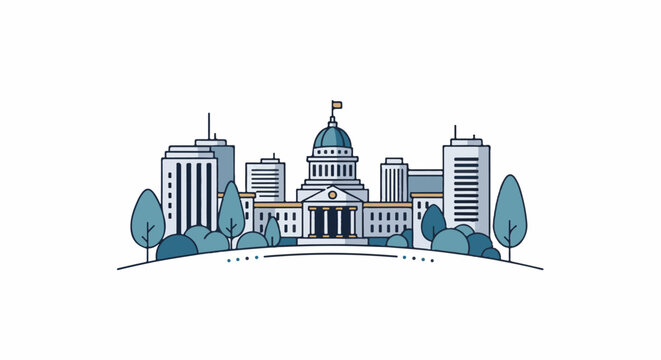 Stylized illustration of a domed government building surrounded by modern skyscrapers and trees