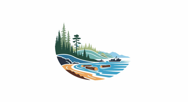 Coastal forest with logs floating near a tugboat and distant mountains