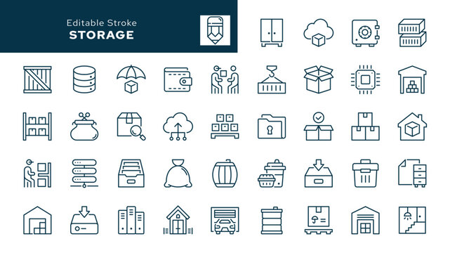 Storage. Set of outline icons. Warehouse, container, box, garage, crate, database, shelf, archive, cabinet, pallet, stock, inventory and more. Line icon in linear style. Vector collection	