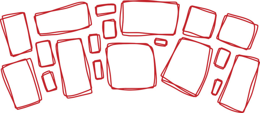A collection of variously shaped rectangles outlined in red on a white background