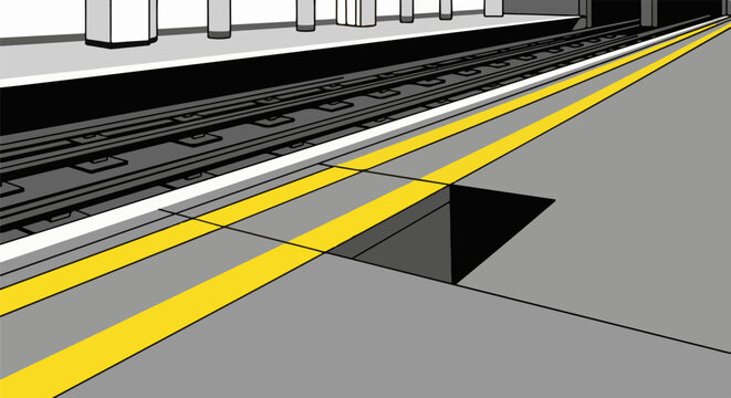 Empty train station platform with tracks and yellow safety line