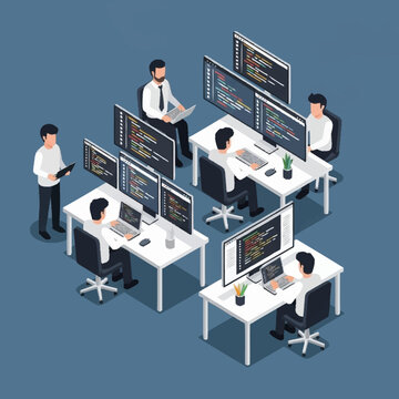 Isometric illustration of people working at computer desks in an office.