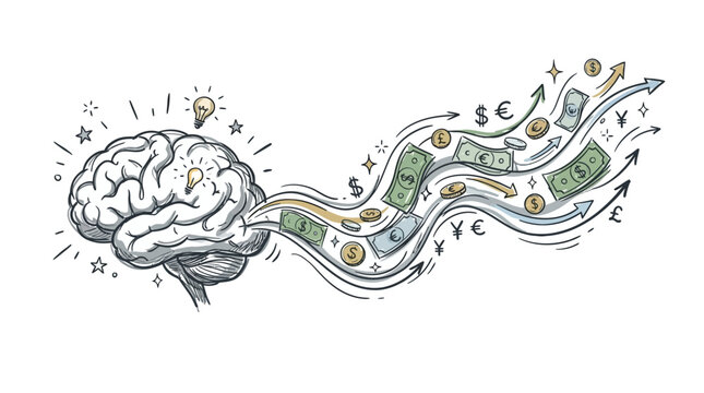 Sketch of a human brain generating money and currency symbols.