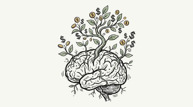 Sketch of a human brain growing a money tree with dollar signs.